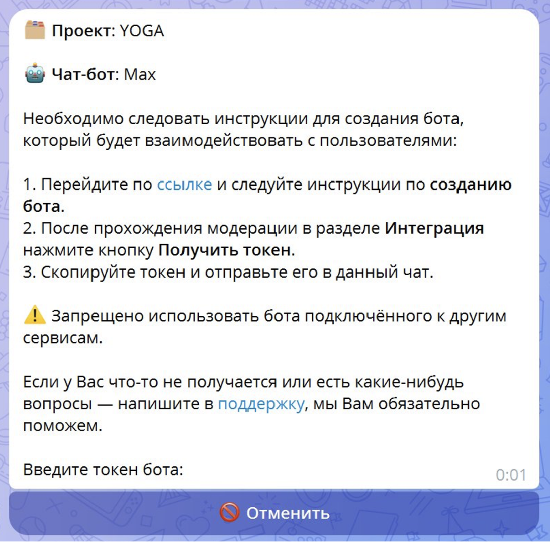 Экран получения и ввода токена бота MAX